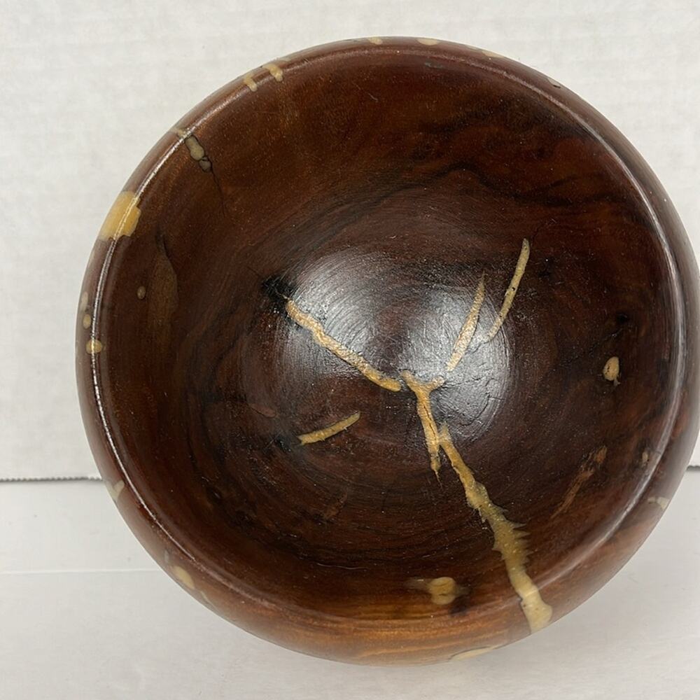 Unique Brown Wooden Bowl with Tan Inlay 6 x 3.5 Inches - Picture 5 of 8